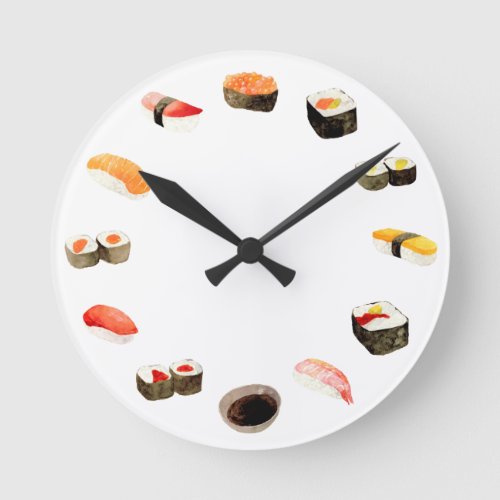 Watercolor Sushi Rolls Seafood  Round Clock