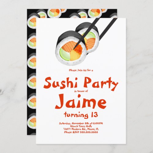 Watercolor Sushi Rolls Teen Birthday Hibachi Invitation