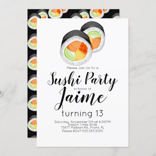 Watercolor Sushi Teen Birthday Hibachi Food Invitation