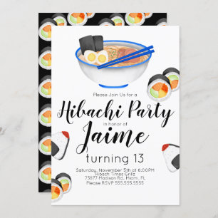 Watercolor Sushi Teen Birthday Hibachi Noodles Invitation