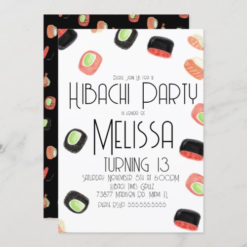 Watercolor Sushi Teen Birthday Hibachi Restaurant  Invitation