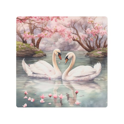 Watercolor Swan Couple Metal Print