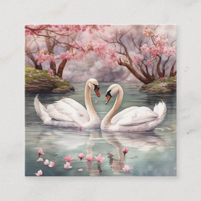 Watercolor Swan Couple Square Business Card (Front)