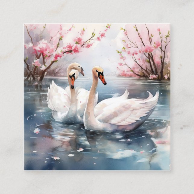 Watercolor Swan Couple Square Business Card (Front)