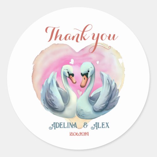 Watercolor Swan Couple Thank You Wedding Favor  Classic Round Sticker
