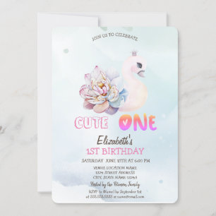 Watercolor Swan Flower 1st  Invitation