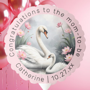 Watercolor Swan Lake Pink Lotus Floral Baby Shower Balloon