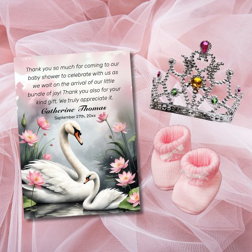 Watercolor Swan Lake Pink Lotus Floral Baby Shower Thank You Card