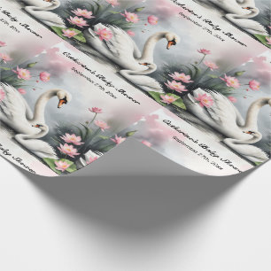 Watercolor Swan Lake Pink Lotus Floral Baby Shower Wrapping Paper