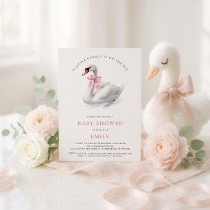 Watercolor Swan Pink Bow Baby Shower Invitation