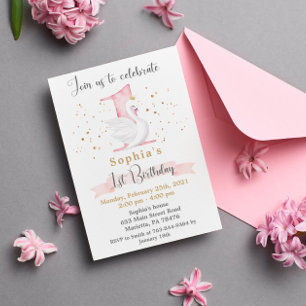 Watercolor Swan Princess 1st Birthday Party Invitation