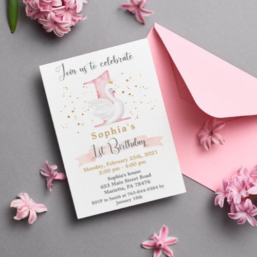 Watercolor Swan Princess 1st Birthday Party Invitation