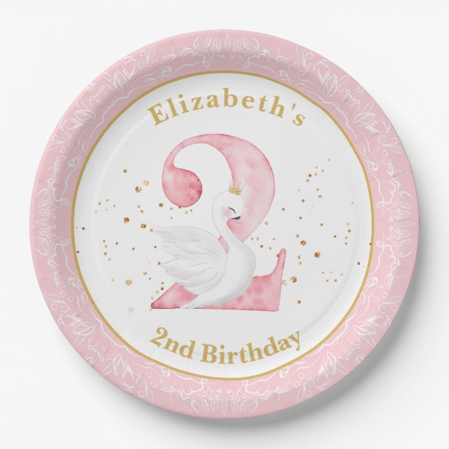 Watercolor Swan Princess 2nd Birthday Paper Plate (Front)