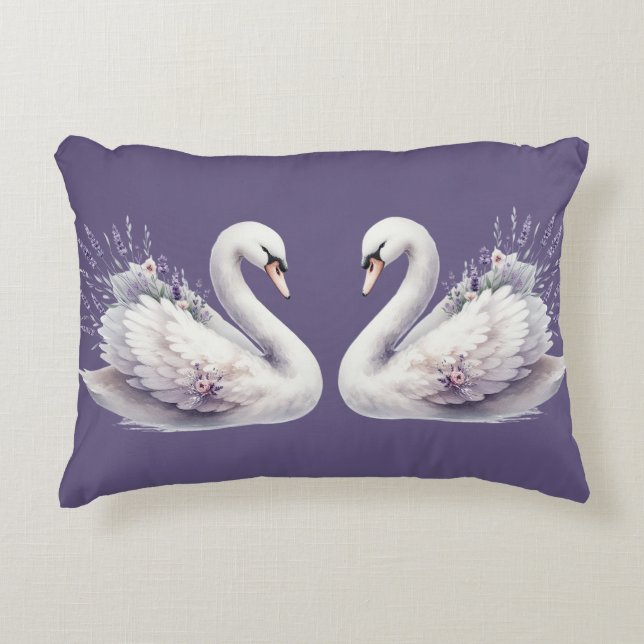Watercolor Swan with Lavender Florals Accent Pillow (Front)