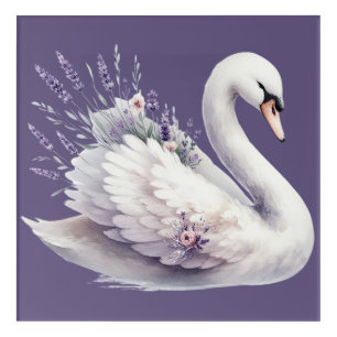 Watercolor Swan with Lavender Florals Acrylic Print