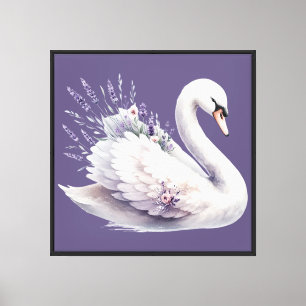 Watercolor Swan with Lavender Florals Canvas Print