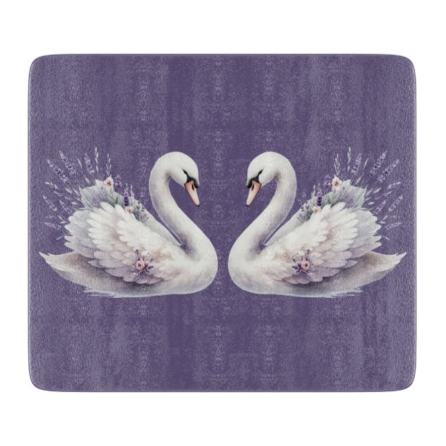 Watercolor Swan with Lavender Florals Cutting Board (Front)