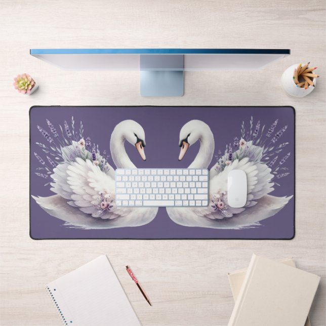 Watercolor Swan with Lavender Florals Desk Mat (Office 1)