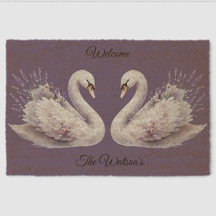 Watercolor Swan with Lavender Florals Fiber Doormat