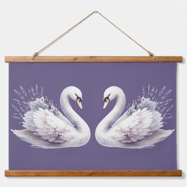 Watercolor Swan with Lavender Florals Hanging Tapestry (Front)
