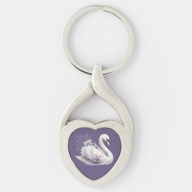 Watercolor Swan with Lavender Florals Keychain (Front)