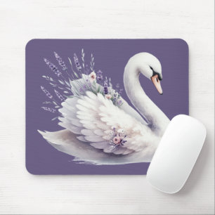 Watercolor Swan with Lavender Florals Mouse Pad