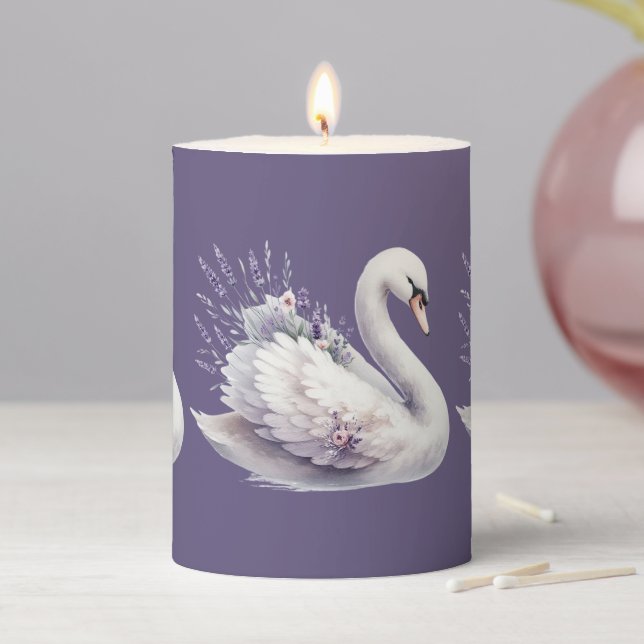 Watercolor Swan with Lavender Florals Pillar Candle (In Situ)