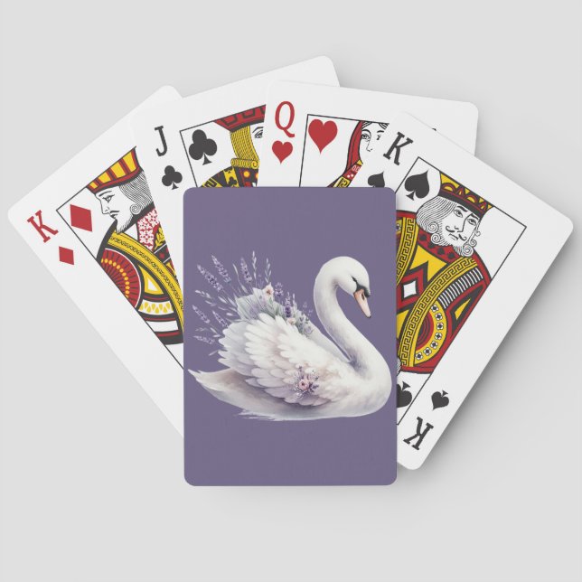 Watercolor Swan with Lavender Florals Poker Cards (Back)