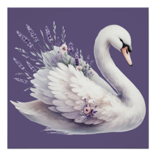 Watercolor Swan with Lavender Florals Poster