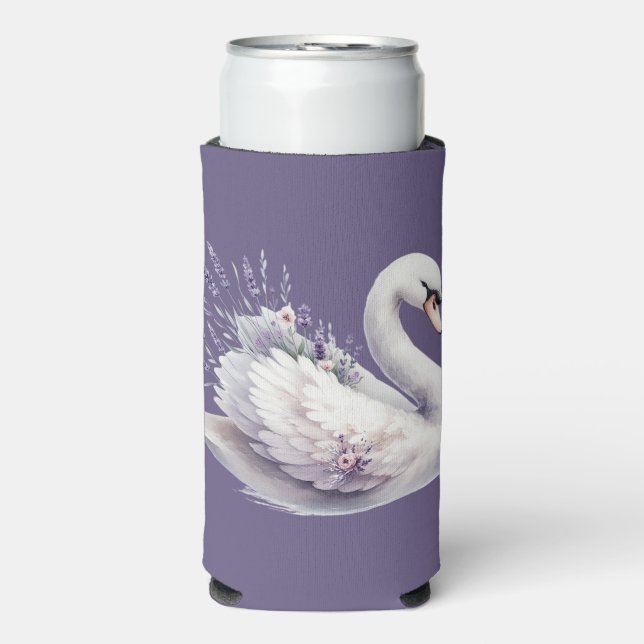 Watercolor Swan with Lavender Florals Seltzer Can Cooler (Seltzer Front)