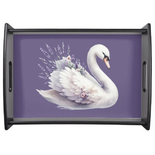 Watercolor Swan with Lavender Florals Serving Tray