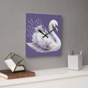 Watercolor Swan with Lavender Florals Square Wall Clock