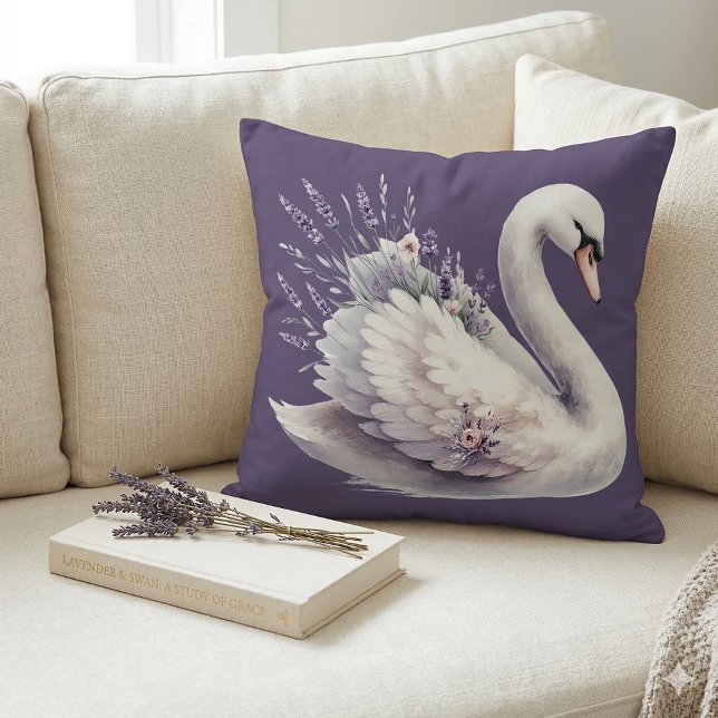 Watercolor Swan with Lavender Florals Throw Pillow (Watercolor Swan with Lavender Florals Throw Pillow Mockup A)