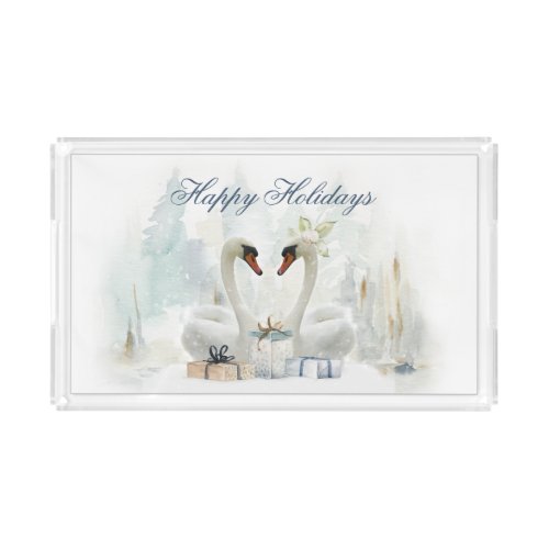 Watercolor Swans Happy Holidays Acrylic Tray