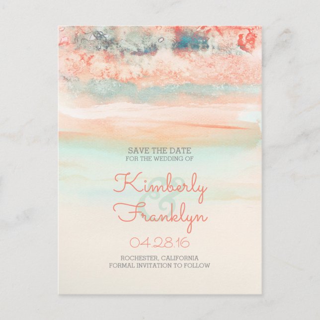Watercolor Swash Beach Wedding Save the Date Announcement Postcard (Front)