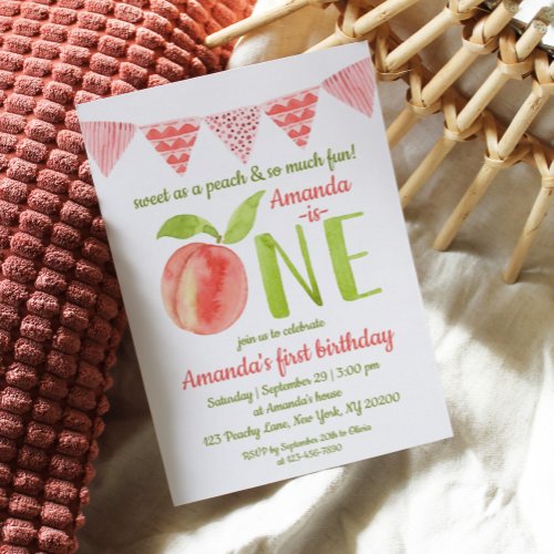 Watercolor Sweet As A Peach First Birthday  Invitation