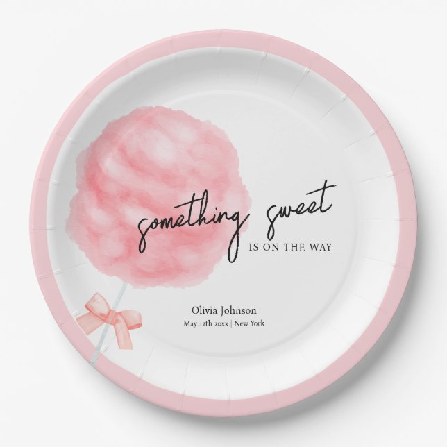 Watercolor Sweet Bow Cotton Candy Baby Shower Paper Plates (Front)