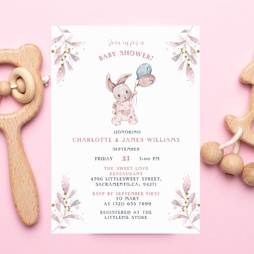 Watercolor Sweet Bunny Baby Girl Baby Shower Invitation