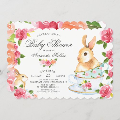 Watercolor Sweet Bunny Baby Shower Tea Party Invitation