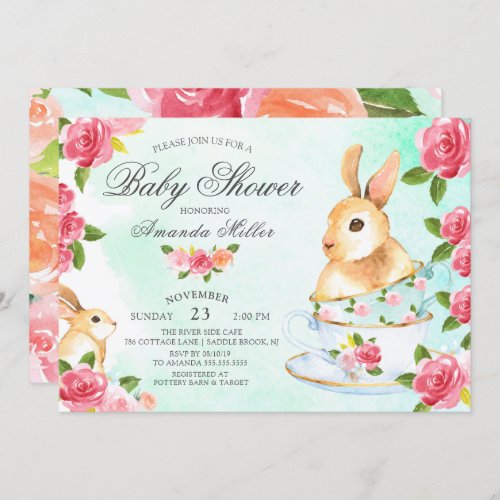 Watercolor Sweet Bunny Baby Shower Tea Party Invitation