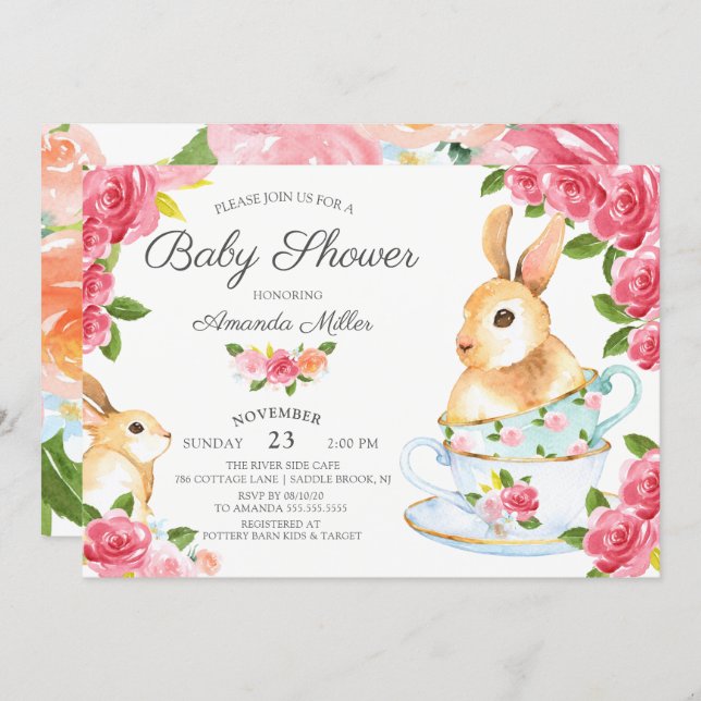 Watercolor Sweet Bunny Baby Shower Tea Party Invitation (Front/Back)