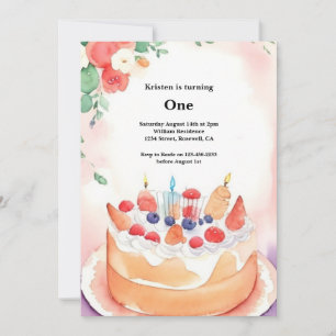 Watercolor Sweet Cake 1st Birthday Invitation
