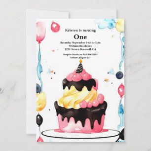 Watercolor Sweet Cake 1st Birthday Invitation