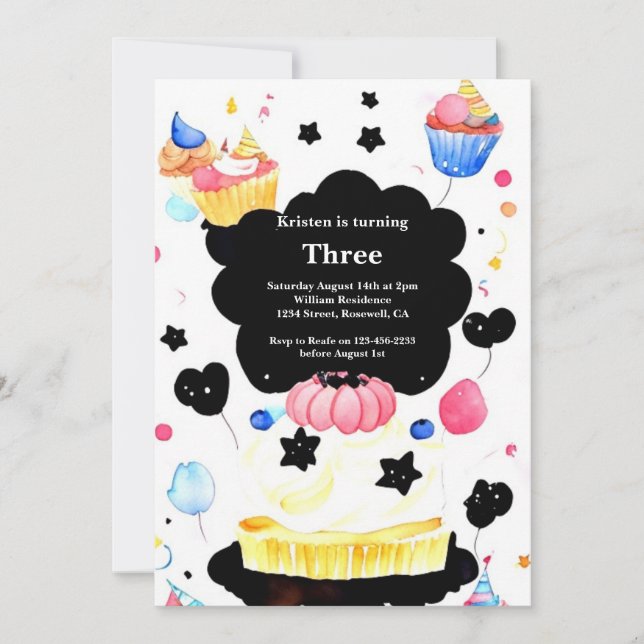 Watercolor Sweet Cake Birthday Invitation (Front)