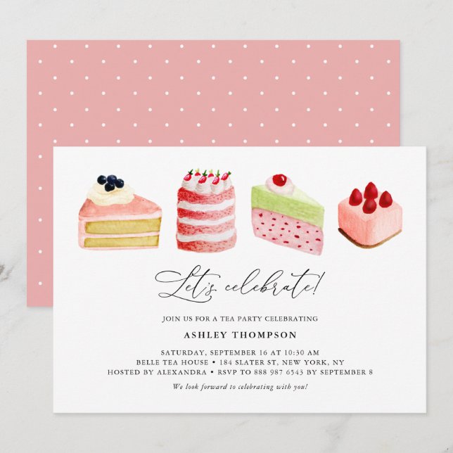 Watercolor Sweet Cakes Tea Party Brunch Invitation (Front/Back)