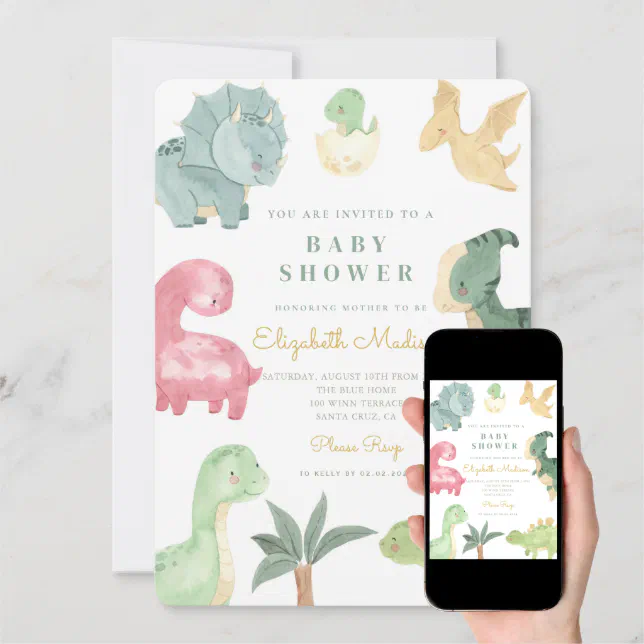 Watercolor Sweet Dinosaurs Baby Shower Invitation Zazzle