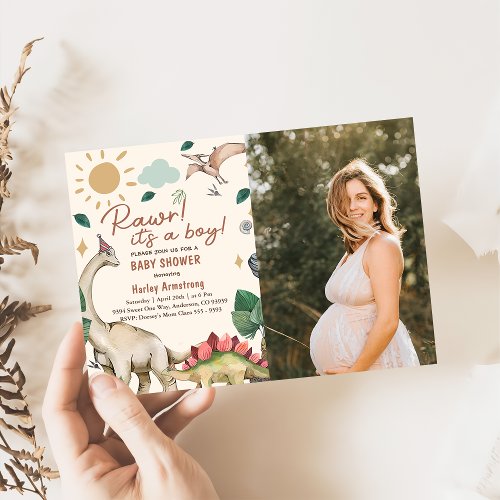 Watercolor Sweet Dinosaurs Baby Shower Photo Invitation