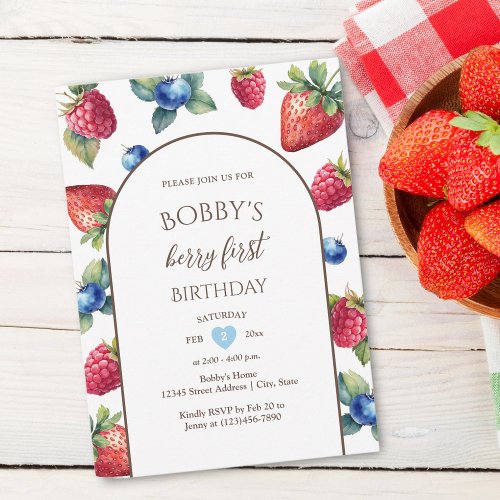 Watercolor Sweet One Baby Boy Berry First Birthday Invitation