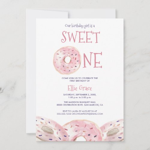 Watercolor Sweet One Donut theme 1st birthday Boho Invitation