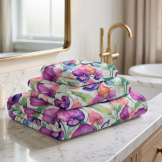 Watercolor Sweet Pea Flowers Bath Towel Set